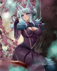 2022 2d 2d_(artwork) :o big_thighs blue_eyes blue_hair bodysuit breasts chains claws cleavage cleavage_cutout eyebrows eyebrows_visible_through_hair eyelashes eyelashes_visible_through_hair gloves highres hips indie_virtual_youtuber isamaraart jewelry large_breasts large_thighs long_ears long_fingernails midriff navel outdoors pink_hair see-through see-through_clothing see_through silvervale sitting slim_waist swing swing_set swinging thick_thighs thigh_strap thighs tree virtual_youtuber voluptuous vshojo wide_hips wolf wolf_ears wolf_girl wolf_tail