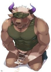 abs anthro biceps bodily_fluids bottomless bovid bovine brown_body brown_fur cattle clothed clothing cum fur genital_fluids genitals hair hi_res horn lifewonders male mammal masturbation muscular muscular_anthro muscular_male orgasm pecs penis pubes rudolph_trnd shennong shirt solo tank_top tokyo_afterschool_summoners topwear white_hair