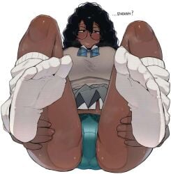 african black_hair blue_panties coli_(ohasi) dark-skinned_female dark_skin english_text feet foot_fetish glasses megane ohasi presenting presenting_hindquarters question socks solo solo_female source_request sub_saharan tagme teal_panties white_background white_socks