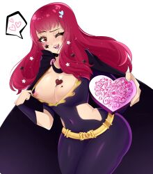 1girls :3 absurdres belt between_breasts blush bodysuit breast_peek breasts chocolate choker cleavage facial_mark female female_only fire_emblem fire_emblem_engage flashing gold_trim hair_ornament happy_valentine heart highres kyhsoren large_breasts long_hair looking_at_viewer melting nintendo nipples oerba_yun_fang one_eye_closed open_mouth pink_choker presenting presenting_breasts purple_bodysuit red_eyes red_hair simple_background skin_tight smile solo spoken_heart star star_(symbol) star_facial_mark star_hair_ornament teasing thick_thighs tongue unitard valentine valentine's_day very_high_resolution white_background wink yellow_belt yunaka_(fire_emblem)