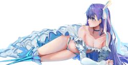 1girls abi_(user_nzav7333) bare_shoulders bikini blue_eyes breasts choker detached_sleeves dress fate/grand_order fate_(series) female female_only frilled_bikini frills legs_together light-skinned_female light_skin lying medium_breasts meltlilith meltryllis meltryllis_(fate) meltryllis_(swimsuit_lancer)_(fate) on_side prosthetic prosthetic_leg purple_hair ribbon solo solo_female swimsuit thighs white_bikini white_dress