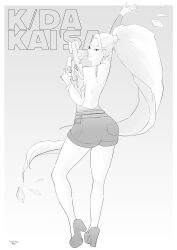 back back_view bare_back big_ass french_kiss_studio greyscale gun high_heels jewelry k/da_all_out_series k/da_kai'sa k/da_series kai'sa league_of_legends line_art long_hair ponytail shorts swimsuit