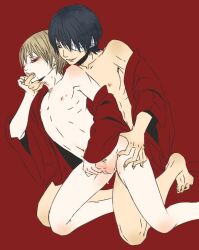 2boys ass_grab balls bandages black_hair erection eye_patch finger_in_another's_mouth finger_in_mouth from_behind gay gintama half-closed_eyes hickey_marks implied_anal kawa_(pixiv) kimono kneeling light_brown_hair male male_only okita_sougo older_penetrating_younger open_clothes open_kimono pale-skinned_male pale_skin penis red_background smile takasugi_shinsuke teen_boy teenager twink yaoi