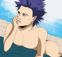 1boy ass beach big_ass big_butt hand_on_head hitoshi_shinso male male_only muscular muscular_male my_hero_academia pale_skin purple_eyes purple_hair smuttystuffs solo thong yaoi