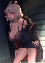 1girls ahoge big_breasts black_coat blush blush_lines bra cleavage coat dress fate/grand_order fate_(series) female fur_trim jeanne_alter large_breasts looking_at_viewer necklace open_mouth seductive seductive_pose solo solo_female solo_focus standing thick_thighs try underwear white_hair yellow_eyes