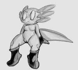 2023 amphibian annoyed anthro axolotl blush boots breasts clothing digital_drawing_(artwork) digital_media_(artwork) featureless_breasts female footwear genitals gloves handwear lizardfungus marine mole_salamander monochrome pussy salamander_(amphibian) socks solo