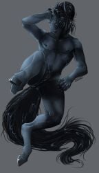 2021 5_fingers animal_genitalia anthro black_body black_fur black_mane black_tail blue_body blue_eyes blue_fur equid equine eunuch fingers fully_sheathed fur genitals grey_background grey_body grey_fur hand_on_head hand_on_leg hi_res hooves horse i-psilone male mammal mane nude pinup ponytail_(hair) pose raised_leg sheath simple_background solo tail