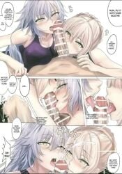 1boy 2girls artoria_pendragon artoria_pendragon_(alter) big_breasts blonde_hair collaborative_fellatio comic comic_page cum_on_face double_blowjob fate/grand_order fate_(series) fellatio jeanne_alter jeanne_d'arc_(fate) multiple_girls saber_alter teamwork white_hair yellow_eyes