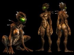 3d bethesda_softworks blender_(software) fallout fallout_new_vegas glowing_eyes mutant naked_female pickle_juice reference_image reptile_humanoid tunneler_(fallout) video_games