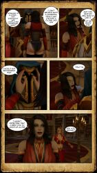 1boy 2girls 3d big_breasts black_hair blizzard_entertainment blonde_hair comic dialogue human human_(world_of_warcraft) justicar_alberto justicaralb light-skinned_female light_skin lorena_cantoclaro original_character red_lipstick scarlet_crusade stockings warcraft world_of_warcraft