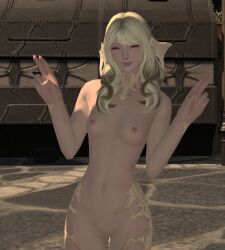 1girls au_ra closed_eyes female final_fantasy final_fantasy_xiv mikoto_jinba nipples pose small_breasts smile smiling standing