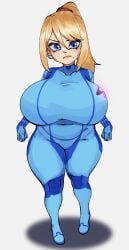 alternate_body_type beauty_mark blonde_hair blue_eyes height_reduction huge_breasts mass_redistribution metroid nintendo permanent_transformation plump ponytail samus_aran short_girl shortstack shortstackification skin_tight strongmoist thick_thighs tight_clothing transformation voluptuous wide_hips