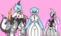 3girls big_breasts blade blades blue_hair breasts claws dinosaur_tail dress fakemon female female_focus female_only gardevoir iron_valiant looking_at_viewer machine nintendo nipples nude nude_female paradox_pokemon pink_eyes pokemon pokemon_(species) pokemon_rse pokemon_sv pussy robot robot_girl shiny_pokemon small_breasts vagina zaftero_(artist)
