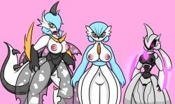 3girls big_breasts blade blades blue_hair breasts claws dinosaur_tail dress fakemon female female_focus female_only gardevoir iron_valiant looking_at_viewer machine multiple_girls nintendo nipples nude nude_female paradox_pokemon pink_eyes pokemon pokemon_(species) pokemon_rse pokemon_sv pussy robot robot_girl shiny_pokemon small_breasts vagina zaftero_(artist)