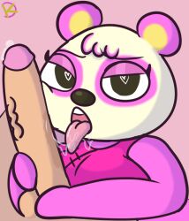 animal_crossing bedroom_eyes female half-closed_eyes heart-shaped_pupils klutzatdusk licking_penis looking_at_viewer oral pinky_(animal_crossing) saliva_string