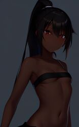 ai_generated ai_upscaled bandeau black_hair dark-skinned_female dark_skin dezgo_ai high_ponytail long_hair looking_at_viewer midriff original ponytail red_eyes small_breasts teen teenager underboob