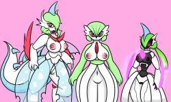 3girls big_breasts blade blades breasts claws dinosaur_tail dress fakemon female female_focus female_only gardevoir green_hair iron_valiant looking_at_viewer machine nintendo nipples nude nude_female paradox_pokemon pink_eyes pokemon pokemon_(species) pokemon_rse pokemon_sv pussy robot robot_girl small_breasts vagina zaftero_(artist)