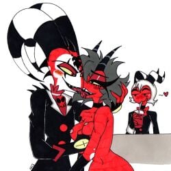 black_hair blitzo_(helluva_boss) blush bodily_fluids breast_grab breasts cuck cuckold demon fangs female group hair hand_on_breast helluva_boss hi_res horn humanoid imp kissing looking_pleasured male male/female married_couple millie_(helluva_boss) moxxie_(helluva_boss) multicolored_body nipples open_mouth open_smile red_body saliva sex simple_background skeleslay smile tail teeth thick_thighs tongue tongue_out two_tone_body vaginal_penetration white_background white_body white_hair