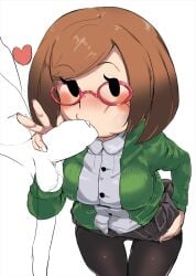 ballsack brown_hair cum cum_in_mouth edit fellatio glasses heart leggings man0. mob_face nikki_(swapnote) no_condom oral peace_sign simple_background skirt