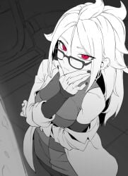 1girls android_21 android_21_(human) black_glasses black_nails breasts checkered checkered_clothes dragon_ball dragon_ball_fighterz dragon_ball_z glasses jewelry lab_coat labcoat laboratory looking_at_viewer red_eyes solo solo_female spiked_hair spiky_hair white_hair zquung