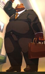 2023 absurd_res anthro arufina_w bear belly big_belly bottomwear brown_body brown_fur bulge clothed clothing detailed_background erection erection_under_clothing fur genital_outline hi_res inside kemono male mammal necktie overweight overweight_male pants penis_outline shirt solo topwear