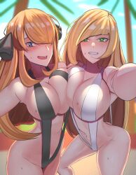 2girls alternate_breast_size beach big_breasts blonde_hair blush breasts cynthia_(pokemon) female female_only game_freak green_eyes hi_res huge_breasts light-skinned_female light_skin long_hair lusamine_(pokemon) milf nintendo open_mouth outdoors pokémon pokemon pokemon_dppt pokemon_sm selfie shirosuke115 sling_bikini smile thick_thighs