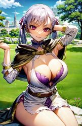 1girls ai_generated bangs big_breasts black_bulls_uniform black_clover breasts cleavage cloak female female_only hair_ribbon hi_res large_breasts looking_at_viewer miniskirt noelle_silva outside purple_eyes silver_hair smile solo thick_thighs thighs twintails