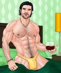 abs art_of_clx biceps big_bulge bulge bulging_biceps celebrity hairy_chest holding_object huge_bulge in_bed looking_at_viewer male male_only muscles muscular muscular_male musician pecs real_person shirtless_male steve_grand thong underwear underwear_only wine