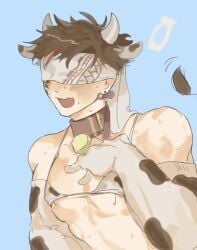 1boy 1male blindfold blue_background cow_bikini cow_print earrings huge_pecs male_only muscular muscular_male qin_shi_huang_(shuumatsu_no_valkyrie) record_of_ragnarok shuumatsu_no_valkyrie smiling_at_viewer solo solo_male tagme_(artist)