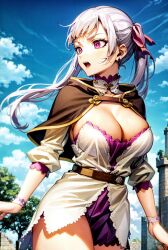 1girls ai_generated bangs big_breasts black_bulls_uniform black_clover breasts cleavage cloak female female_only hair_ribbon large_breasts miniskirt noelle_silva purple_eyes silver_hair solo thick_thighs thighs twintails