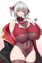 blush breasts cameltoe cho!cho! gloves gradient_background green_eyes hi_res hololive hololive_fantasy hololive_japan houshou_marine houshou_marine_(cosplay) huge_breasts leotard navel plump see-through shirogane_noel short_hair silver_hair smile thick_thighs thighhighs underboob virtual_youtuber