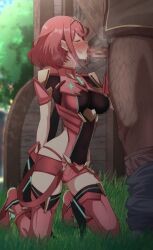 blowjob blush censored closed_eyes core_crystal earrings eruu fellatio kneeling medium_breasts medium_hair open_mouth pyra red_hair xenoblade_(series) xenoblade_chronicles_2