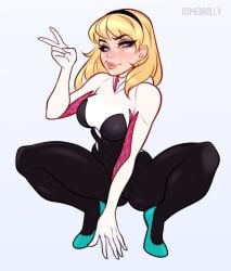 1girls bodysuit dimedrolly female female_only gwen_stacy hairband marvel solo spider-gwen squatting