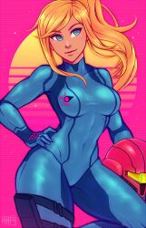 1girls armor beauty_spot blonde_hair blue_eyes bodysuit elegant fit_female helmet helmet_with_visor holding_headgear holding_helmet holding_object iahfy metroid nintendo ponytail samus_aran synthwave varia_suit_helmet zero_suit zero_suit_samus