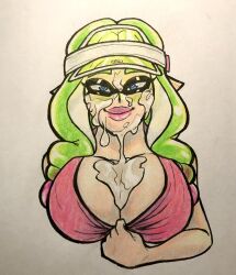 big_breasts breasts bust busty cum cum_on_face excessive_cum eyelashes fully_clothed heart-shaped_pupils large_breasts lips lipstick looking_at_viewer milf mommy_kink oh_gosh_levi original_character splatoon teasing teasing_viewer