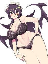 1girls alternate_version_available bellupup black_bra black_hair black_panties blush bra breasts cleavage clothing dutch_angle female filia_(skullgirls) hand_on_hip hi_res highres lace lace-trimmed_bra lace-trimmed_panties lace_trim large_breasts legs_together long_hair looking_at_viewer matching_underwear open_mouth panties prehensile_hair purple_hair red_eyes samson_(skullgirls) skullgirls thick_thighs thighs underwear underwear_only very_long_hair white_background wide_hips