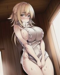 ai_generated big_breasts blonde_hair blush covering_crotch large_breasts sideboob sweater sweater_tug sweating thick_thighs virgin_killer_sweater