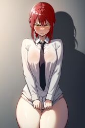 1girls ai_generated angry blush braid braided_hair chainsaw_man covering covering_crotch curvy embarrassed female female_only gardener_ai lace lace-trimmed_panties looking_at_viewer makima_(chainsaw_man) no_pants panties red_hair red_hair_female shirt shirt_tug simple_background solo stable_diffusion suit thick_thighs tie white_panties wide_hips yellow_eyes yellow_eyes_female