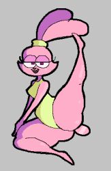 animal_genitalia chowder chowder_(series) lagomorph lagomorph_humanoid leg_up looking_at_viewer one_leg_up panini panini_(chowder) pink_fur rabbit rabbit_ears stretching thick_thighs thighs tied_hair toedi wide_hips