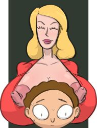 1boy 1girls 2d adult_swim areolae beth_smith blonde_hair breasts breasts_bigger_than_head brown_hair cleavage clothing diklonius erect_nipples female huge_breasts huge_nipples male milf morty_smith mother mother_and_son older_woman_and_younger_boy rick_and_morty round_breasts sketch