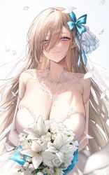 asuna_(blue_archive) bangs beauty_mark beauty_mark_on_breasts big_breasts blonde_hair blue_archive blue_eyes blue_ribbon blush bouquet bridal_gauntlets bridal_veil bride cleaning_&_clearing_(blue_archive) falling_petals first_person_view happy large_breasts looking_at_viewer marriage millennium_science_school_student mohaka ribbon smile smiling smiling_at_viewer wedding_dress wedding_veil white_background wholesome