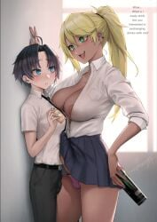 1boy 1futa breasts bulge busty fullta_futanari futanari gyaru ikemeru19 mano_ikarashi penis_size_difference small_penis trap