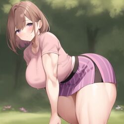 ai_generated aroma_lady_(pokemon) aroma_lady_(pokemon_oras) artist_request bending_forward bent_over big_breasts blushing brown_hair curvaceous huge_ass large_breasts npc_trainer pokemon pokemon_oras purple_eyes skirt thick_thighs voluptuous