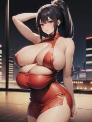 4_breasts ai_generated areola_slip arm_behind_head bangs big_breasts black_hair blue_eyes breasts cleavage dress huge_breasts multi_breast night nipple_slip party ponytail red_dress remake short_dress short_skirt sideboob sidelocks stable_diffusion tetra_(oc) tetra_ai tight_clothing turtleneck