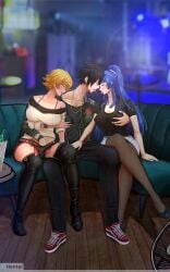 black_hair blue_hair caressing_breasts crossover fairy_tail fingering gray_fullbuster high_heels igawa_sakura kissing orange_hair tagme taimanin_(series) taimanin_asagi taimanin_asagi_battle_arena taimanin_murasaki whentai yatsu_murasaki