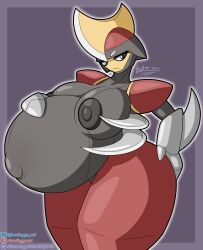 2023 absurd_res anthro areola armor belly big_belly big_breasts biped bisharp blade blade_arm bootleggz breasts cel_shading clothing digital_media_(artwork) eyelashes female frown generation_5_pokemon glistening glistening_body grey_body grey_nipples headgear headwear hi_res horn huge_belly huge_breasts humanoid looking_at_viewer navel nintendo nipples nude pokemon pokemon_(species) pregnant red_body shaded signature simple_background solo solo_focus thick_thighs