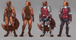 abs ansart anthro armor armwear brown_body canid canine canis chest_armor clothed clothing domestic_dog eugene_(ordell) fur genitals hair hi_res knight leg_armor legwear male mammal medieval_armour melee_weapon model_sheet multicolored_body muscular muscular_anthro muscular_male nude orange_body orange_fur orange_hair penis plate plate_armor short_hair shoulder_armor solo sword two_tone_body warrior weapon