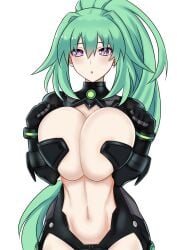 armor bare_midriff blush bodysuit breast_squeeze cleavage cpu_(neptunia) goddess green_hair green_heart hair_between_eyes hands_on_breasts large_breasts light-skinned_female long_hair neptunia_(series) nipples_covered open_mouth ponytail power_symbol-shaped_pupils purple_eyes simple_background thighs vert zatsu