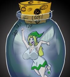 after_transformation against_glass bottle fairy gender_transformation huge_breasts jakal63 jar large_breasts link rule_63 shrinking shrunken_male species_transformation the_legend_of_zelda transformation