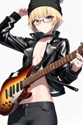 ai_generated beanie blonde_hair choker electric_guitar glasses leather_clothing leather_jacket no_bra short_hair sideboob slim small_breasts tomboy